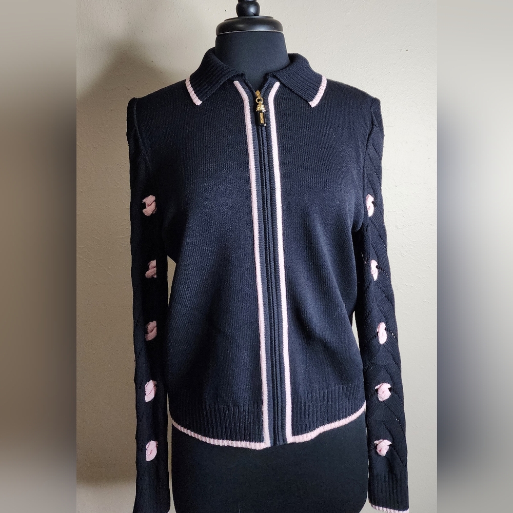 St John Black Pink Popcorn Trim Jacket Cardigan SZ 10